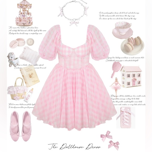 Pink ginham puff sleeve dollhouse mini dress - Picture 8 of 9